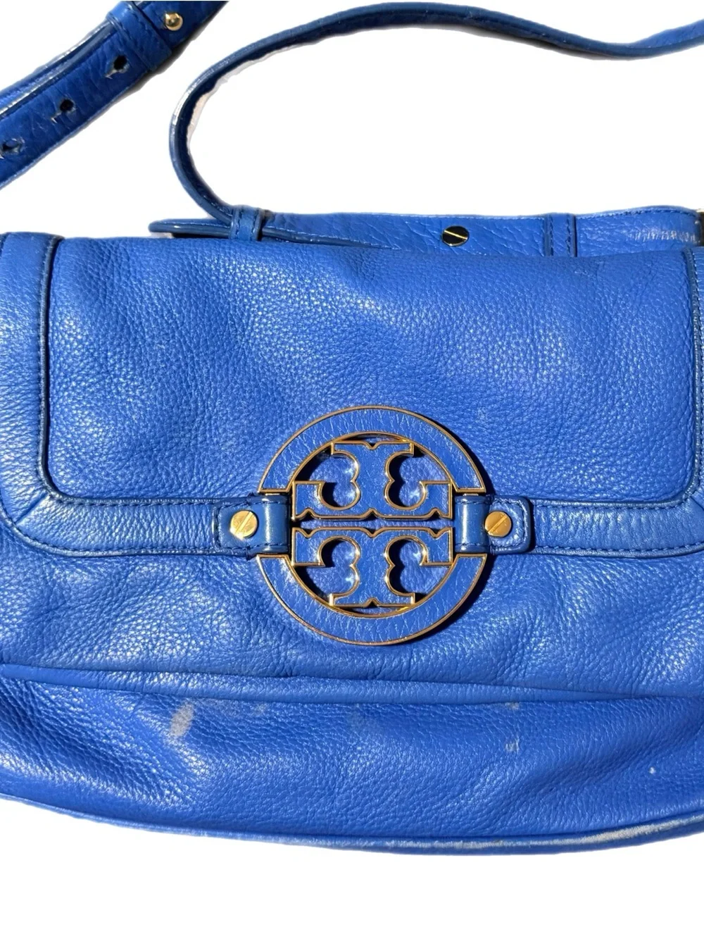 TORY BURCH Bright Blue Pebbled Leather 2 Way Shoulder Bag with Gold Logo - Picture 3 of 16
